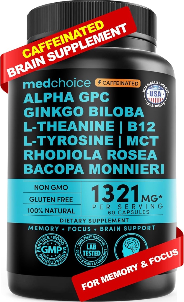 12-in-1 Nootropinis smegenų papildas su kofeinu Bevandenis: Ginkgo Biloba smegenų paramos, atminties ir dėmesio - B12, Alpha GPC, L Theanine ir Choline papildai su Bioperine su 1321mg (60ct)