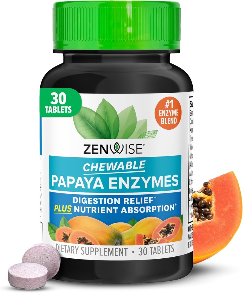 Zenwise Health Chewable Papaya Enzymes for Digestion & Gut Support - Chewable Digestive Enzyme Blend with Papain and Bromelain for Digestive Health & Bloating Relief - Women & Men - 30 Tablets