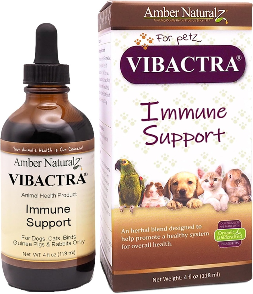 Amber NaturalZ Vibactra Immunal Support Žolinių papildas šunims, Katės, Paukščiai, Guinea Kiaulės, ir Triušiai ® 124; Pet Žolinių mišiniai bendros sveikatos ne 124; 4 Skysčių Ounce Stiklinis butelis ® 124; Pagaminta JAV