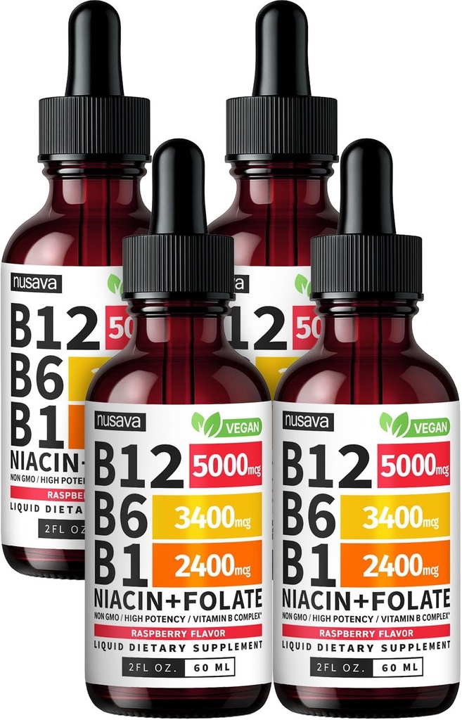(4 pakuotė) Vitaminas B12 ir B6 Skysti lašai, B12 Poliežuvinis Vitaminas B kompleksas - B 12 Vitaminas 5000µg - B12 Metilkobalaminas už energiją, smegenų, ir širdies parama su 27,200 µg, Aviečių, 80 Paslaugos