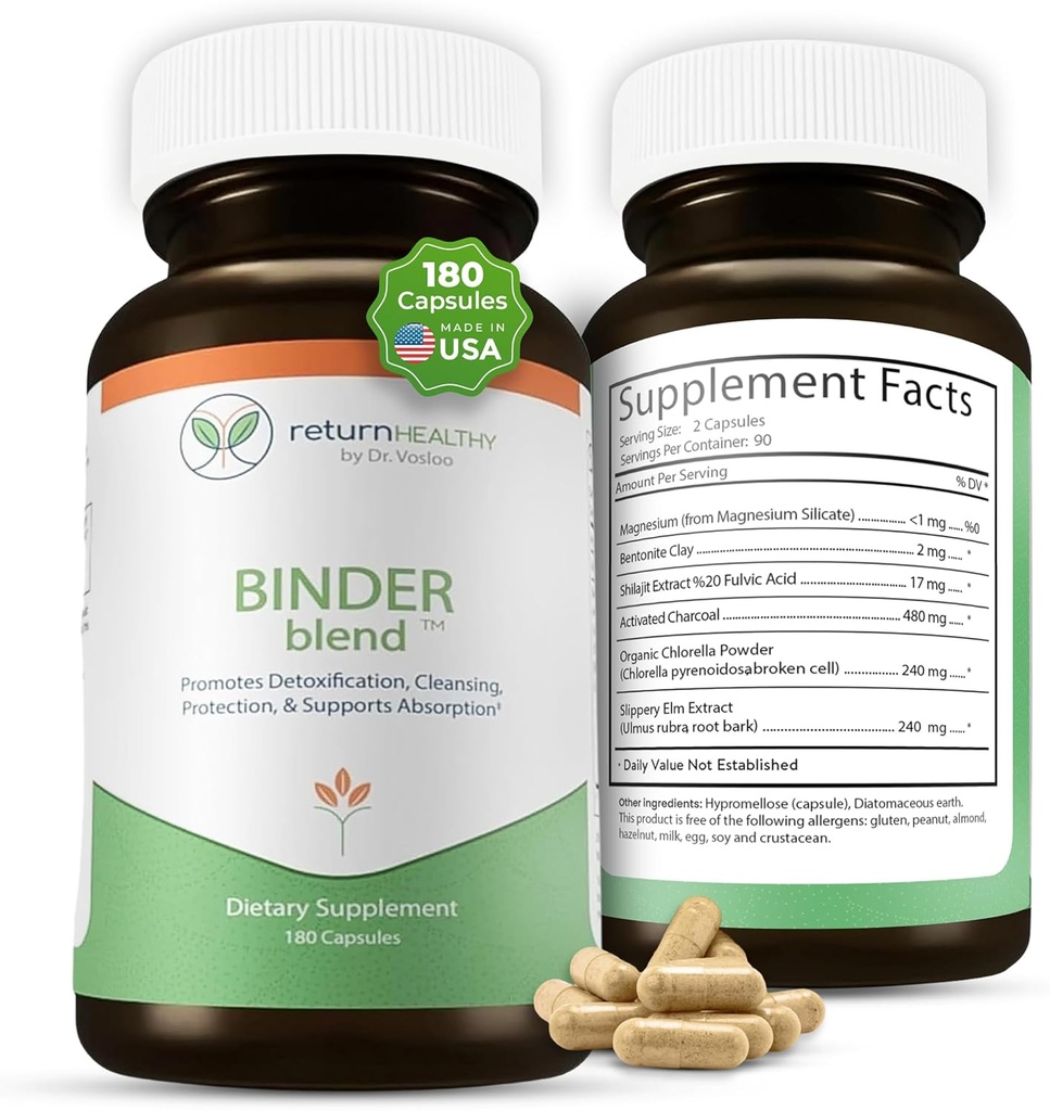 Binder Blend - Toxin Binder Addition, Detox Capsules for a sveiki gut - 180 Capsules - 90 Servings - 960mg Activated Charcoal & 480mg Organic Chlorella - Bloating Relief - Bentonite Clay