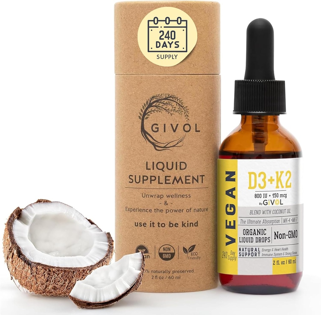 Vitamin D3 + K2 Liquid Drops (MK4 & MK7) Organic Fractionated Coconut Oil, Plant-Based, Gluten-Free, Dairy-Free, Soy-Free, Nut-Free - High Potency, Derived from Lichen & Natto, 2oz 240 Days Supply