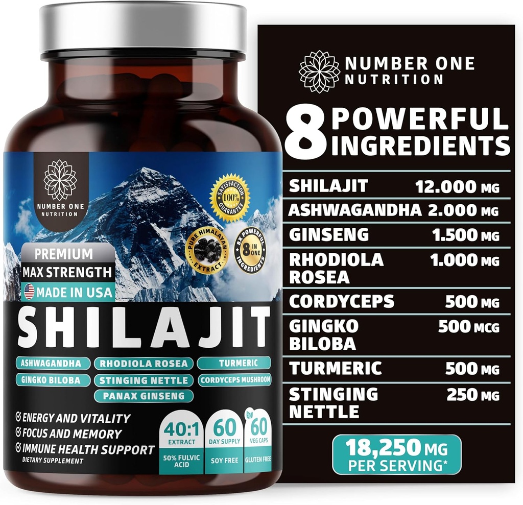 Pure Himalayan Shilajit for Women and Men [50% Fulvic Acid] Better Than Resin with Ashwagandha, Ginseng, Turmeric, Gingko Biloba, Stinging Nettle, Cordyceps to Support Energy & Immunity, 60Caps