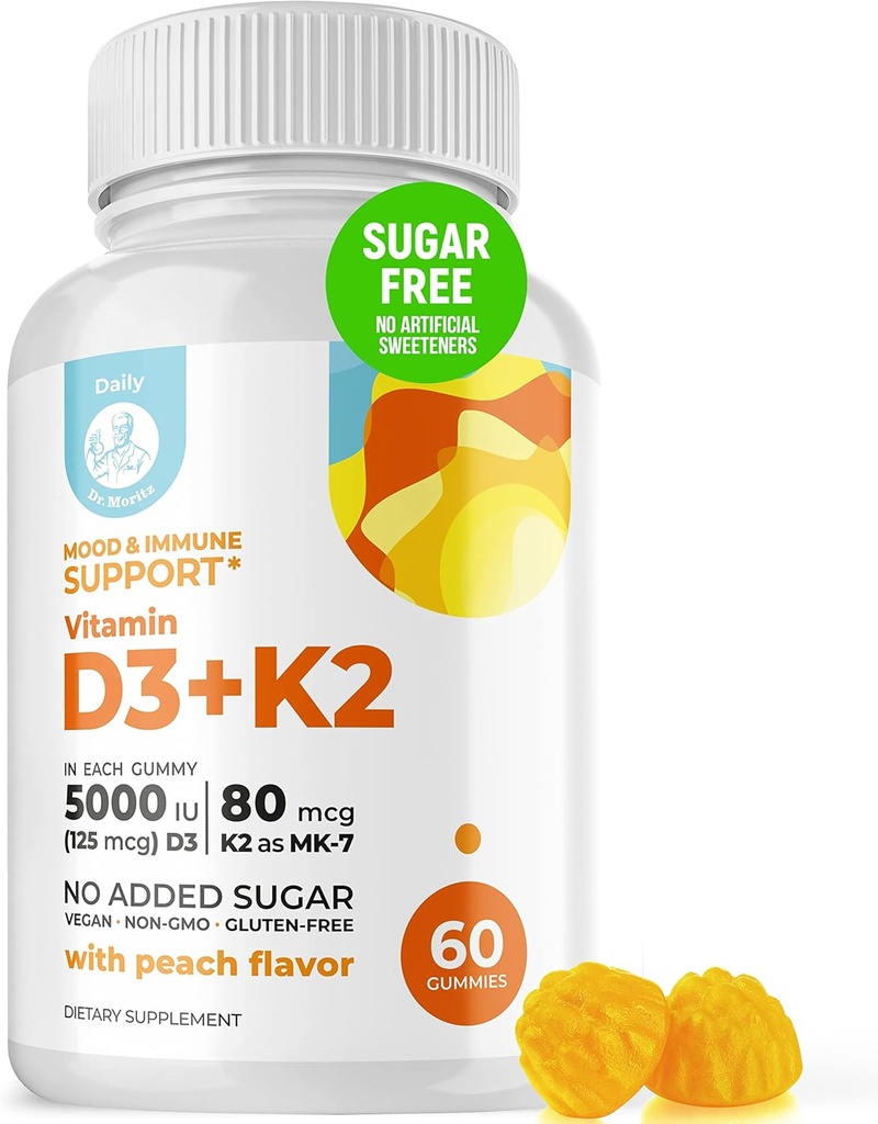 DR. MORITZ Vitaminas D3 Gummai (5000 TV) su K2 - suaugusiems ir vaikams - Vitaminas D3 K2 Gummai imuninei paramai ir kaulų sveikatai - Veganas, cukrus nemokamai, Gluten Free (60 Count)