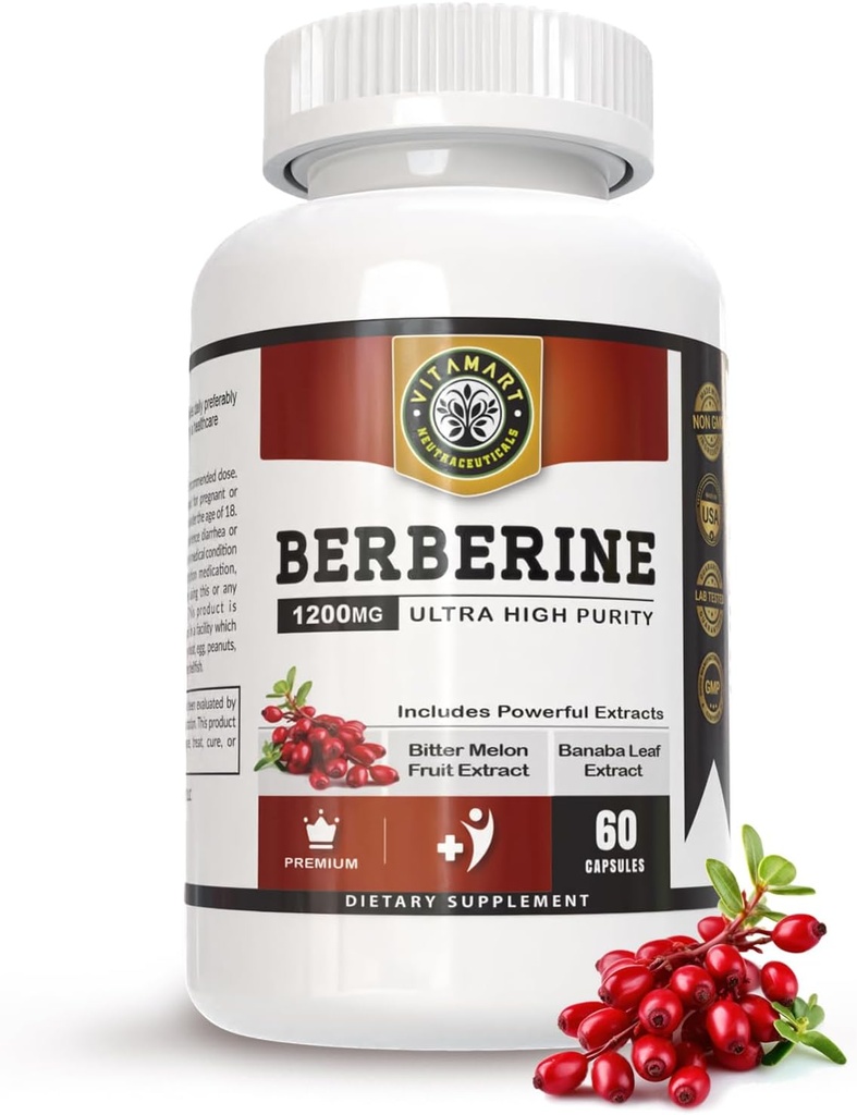 Berberine HCL 1200mg Premium, Ultra High Grynumas, Pure 60 Capsules - Berberino papildas, Palaiko imuninę sistemą, Berberine Plus Sustiprintas su Bitter Melon vaisių ir bananų lapų ekstraktas