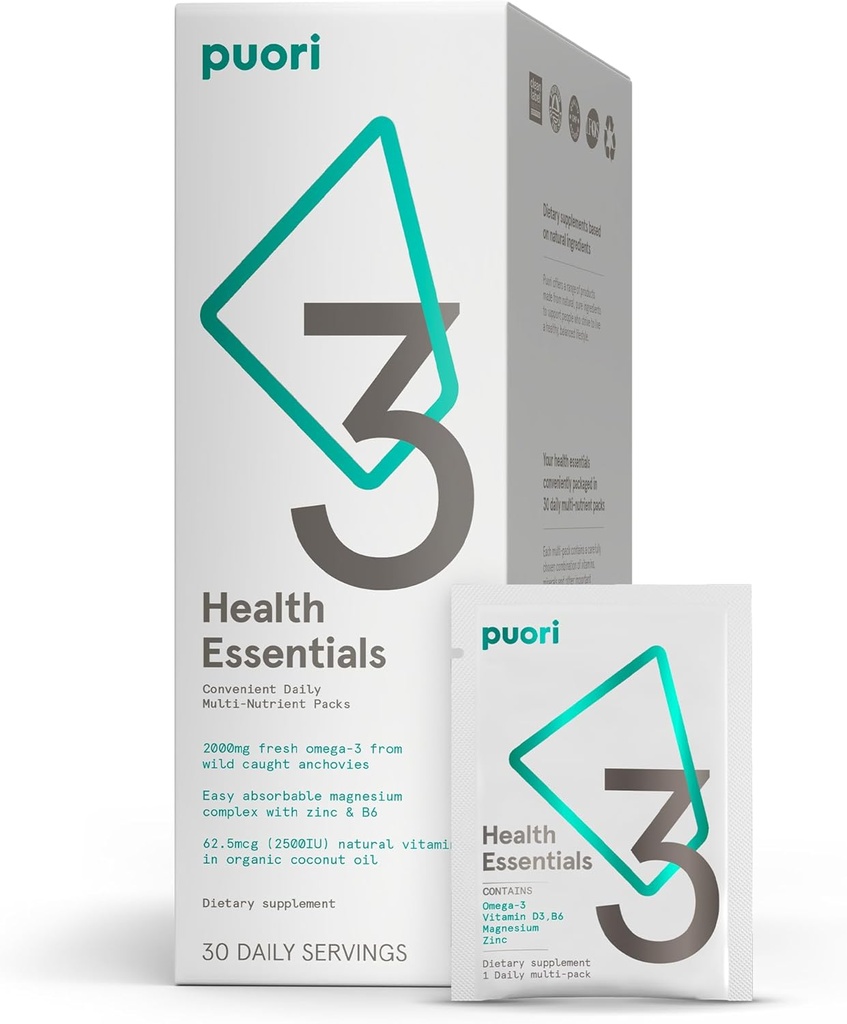 Puori P3 Health Essentials - Multivitaminai vyrams ir moterims - 30 Paslaugos - Omega 3, Vitaminas D, Magnis, Cinkas - Multi- Nutrition for Brains and Energy