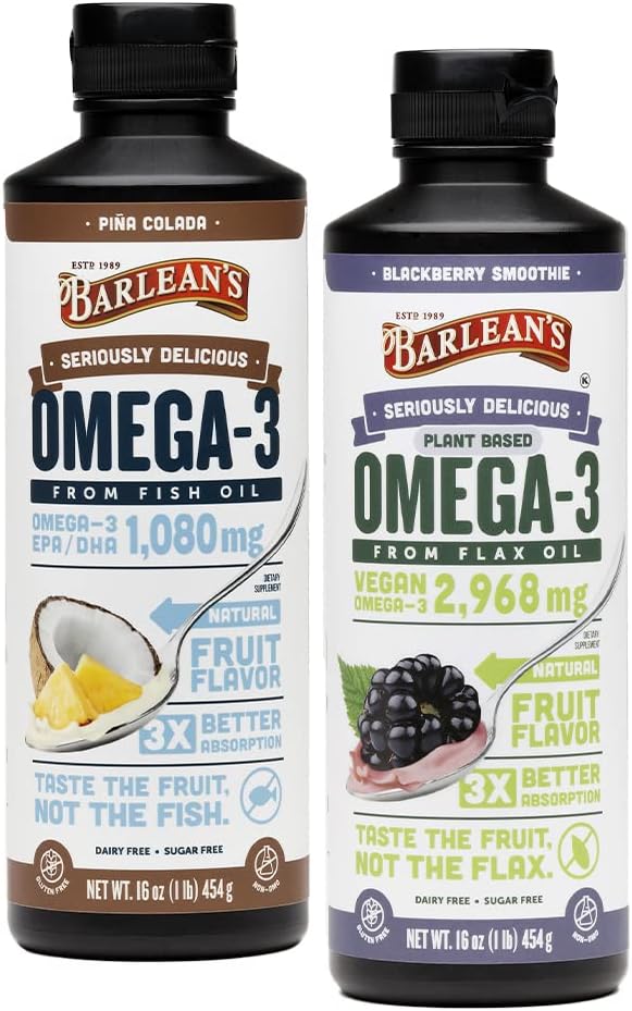 Barlean's Omega 3 Liquid Supplement Bundle, BlackBerry Smoothie Flax Seed Oil and Piña Colada Fish Oil Supplements Set, 16 oz