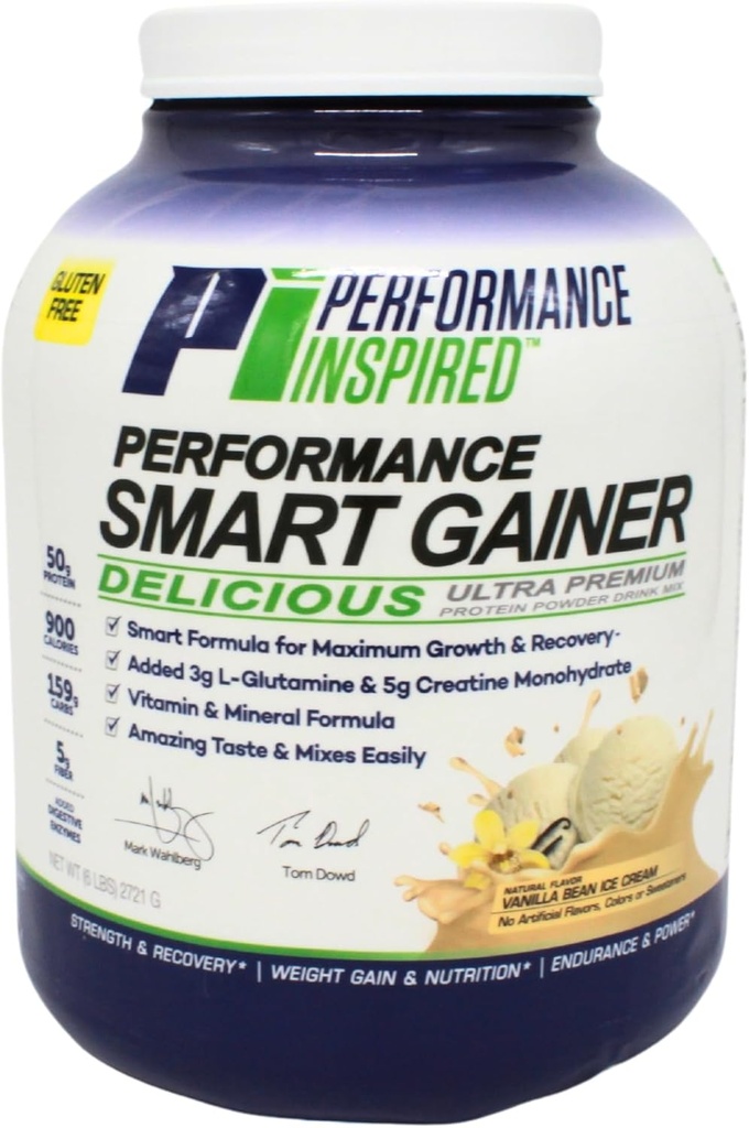 Performance Inspired Nutrition Smart Mass Gainer - 50G proteinas, 900 Kalorijos, Kreatinas, L- glutaminas & Digimieji fermentai - Raumenų augimas ir atstatymas - Vanilla Bean Ice Cream - 6 lb