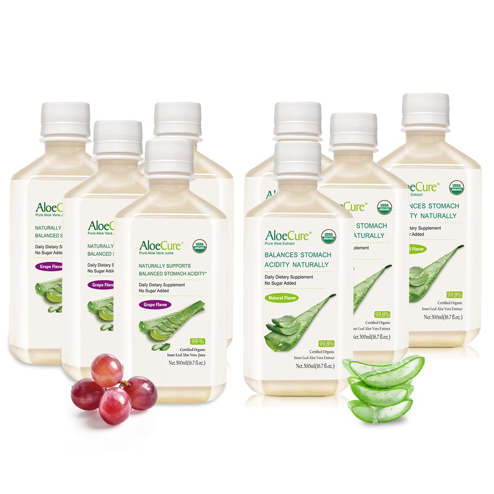 AloeCure Organic Aloe Vera sultys - 8 butelių mėginio pakuotė - vynuogių ir natūralios kvapiosios medžiagos, 8x500ml