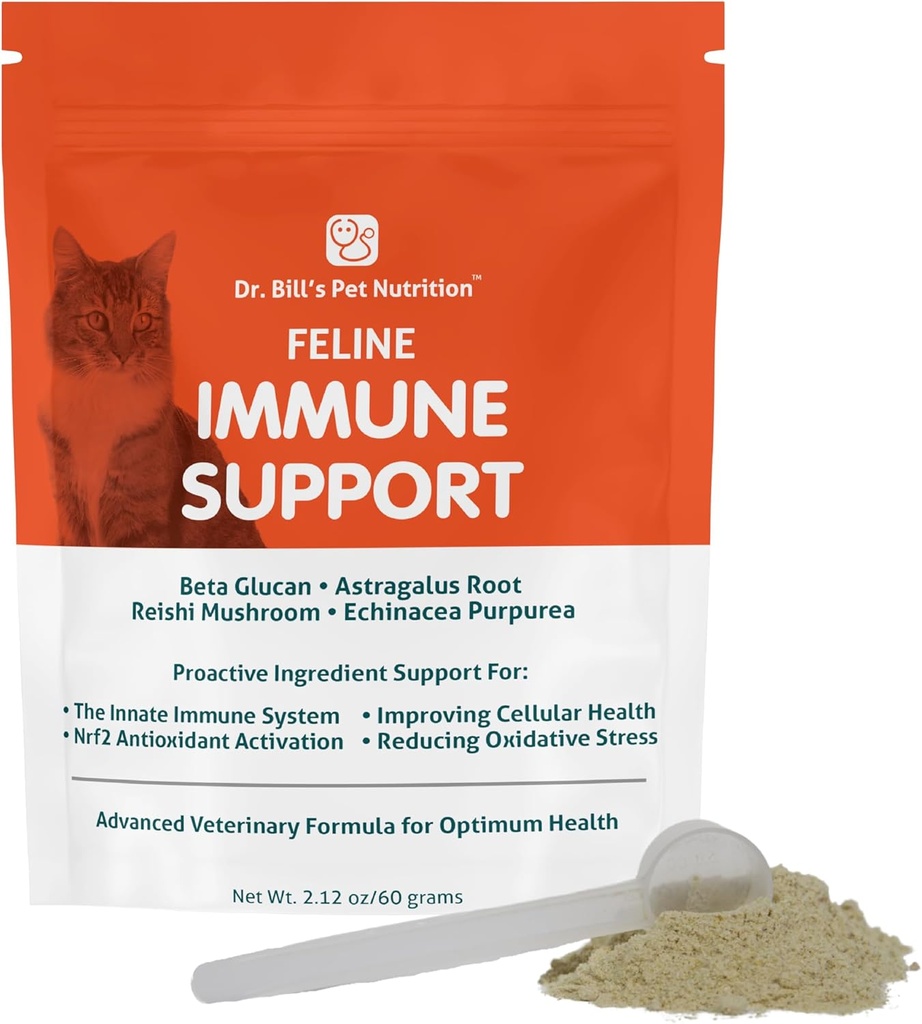 Dr. Bill 's Feline Immune Support ® 124; Boosts Cat Immunity and Health with Colostrum, Beta Glucan, Turkey Tail Mushroom, Cinko & Vitaminas C ® 124; Miltelių papildas visų amžiaus grupių katėms