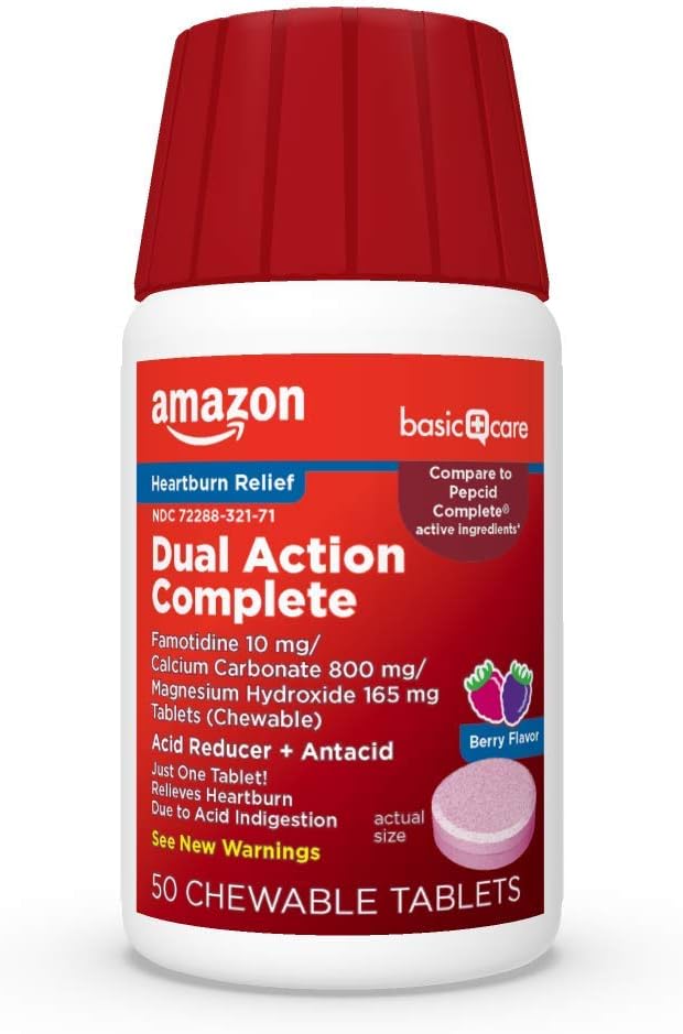 Amazon Basic Care Dual Action Complete, Chewable Acid Reducer Plus Antacid Tablets, Berry Flavor, Heartburn Medicine, Acid Indigestion Relief, 50 Count