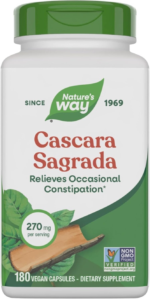 Nature's Way Cascara Sagrada Bark, Occasional Constipation Relief For Adults and Kids Ages 12+, Supports Regularity*, Non-GMO Project Verified, 270 mg per Serving, 180 Capsules (Packaging May Vary)