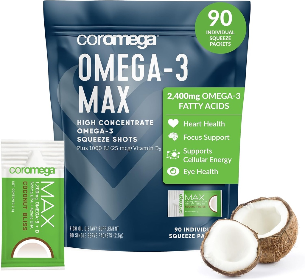 Coromega MAX 2400mg Omega-3 žuvų taukai + Vitaminas D Squeeze Paketai, Wild- Caught, No Fishy Taste - 3X Geriau absorbcija nei Softgels, Palaiko smegenų ir širdies sveikatos (90 Servisas, Kokoso lizdai)
