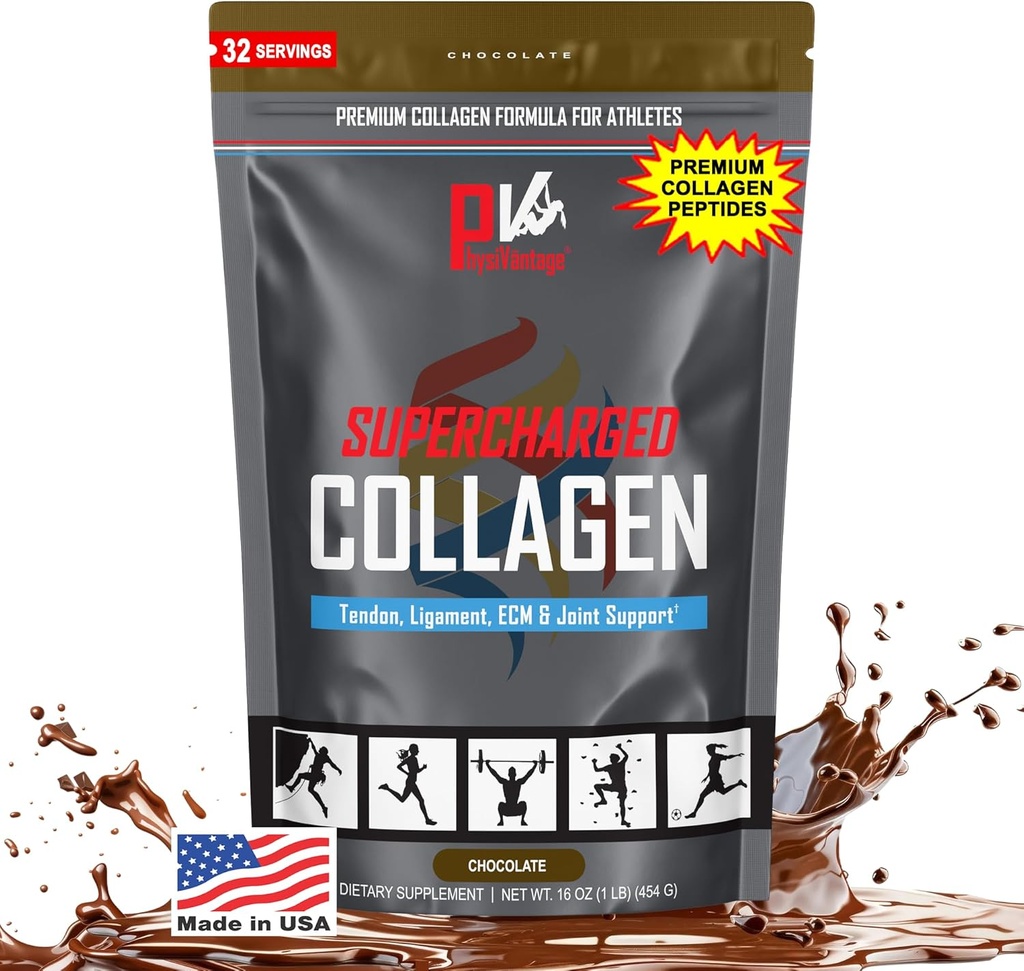 PhysiVantage Supercharged Collagen Peptides milteliai - hidrolizuotas Collagen bendras, Tendon, Ligart, & Odos sveikatingumo parama - Šokoladas, Keto, Paleo, 16oz Bendrijoje 124; sustiprintas vitamino C, BCAA, Gras- Fed
