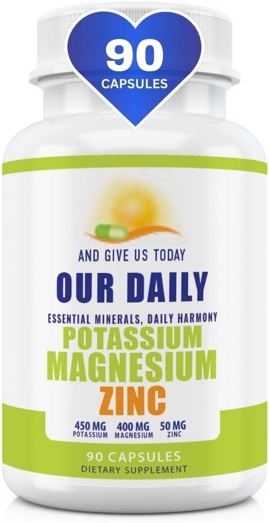 Magnesium Potassium Supplements W Zinc - 90 Capsules 400MG Magnesium,450MG Potassium,50MG Zinc for Vascular Health – High Absorption Vegan for Leg Cramps and Sleep