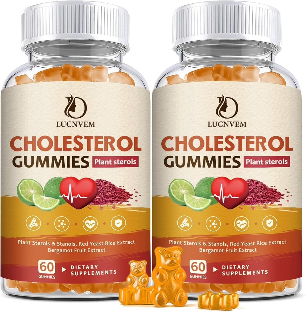 (2 pakuotė) Cholesterolio papildai Gummai sveikam cholesterolio kiekiui, augalų steroidai ir stanoliai, raudoni ryžiai, Citrus Bergamot kompleksas cholesterolio kiekiui palaikyti - 60 dienų tiekimo