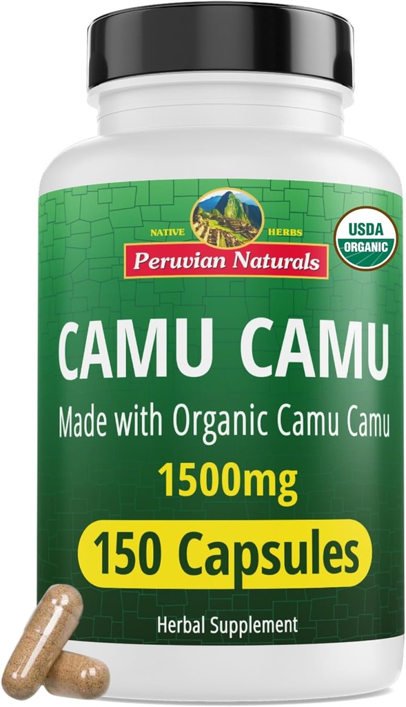 Peruvian Naturals Organic Vitaminas C iš Camu Camu Capsules 1,500mg - 150 Vegan Pills, Natūralus Vitaminas C iš Viso maisto Camu Berry Organic, Non- GMO