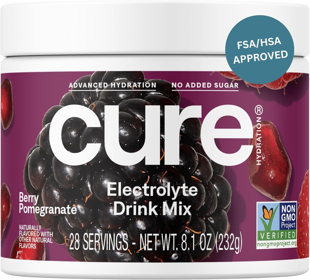 "Cure Hydration" 124; "Plant-based Electrolyte Drink Mix" 124; "No Added Sugar" 124; "FSA- HSA Bendrijoje" 124; "Dehidratacija Refusion" milteliai pagaminti iš kokoso vandens "124;" Non-GMO "124;" Vegan 124; "28" serveriai Jar - Berry Pomegranate "