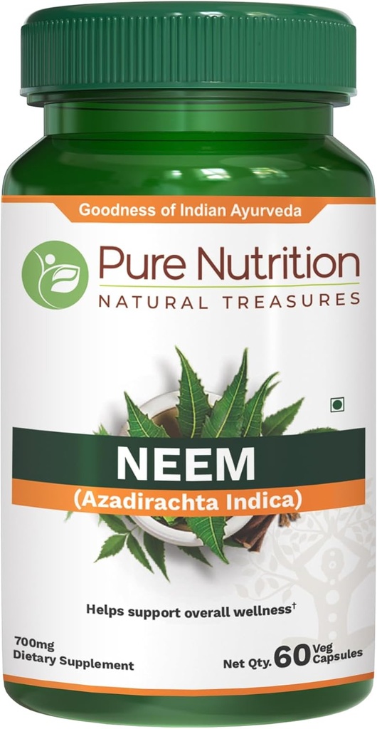 Pure Nutrition Neem Capsules 700mg. (Atitinka 2600mg Neem Leaf Pows and Bark Pows) Non GMO 124; Kartą per parą 124; 60 dienų tiekimo.