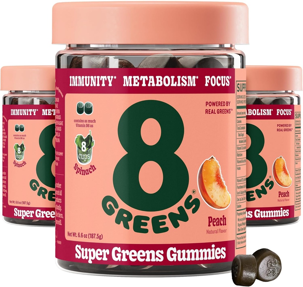 8 Žalieji Supergreens Gummies ® 124; Super Žalieji Milteliai Superfood Gummy metabolizmo, Imunitetas & Focus, Digestive Health Fermes, Organic: Chlorella, Spirulina, Aloe Vera, Peach Square, 150 Count