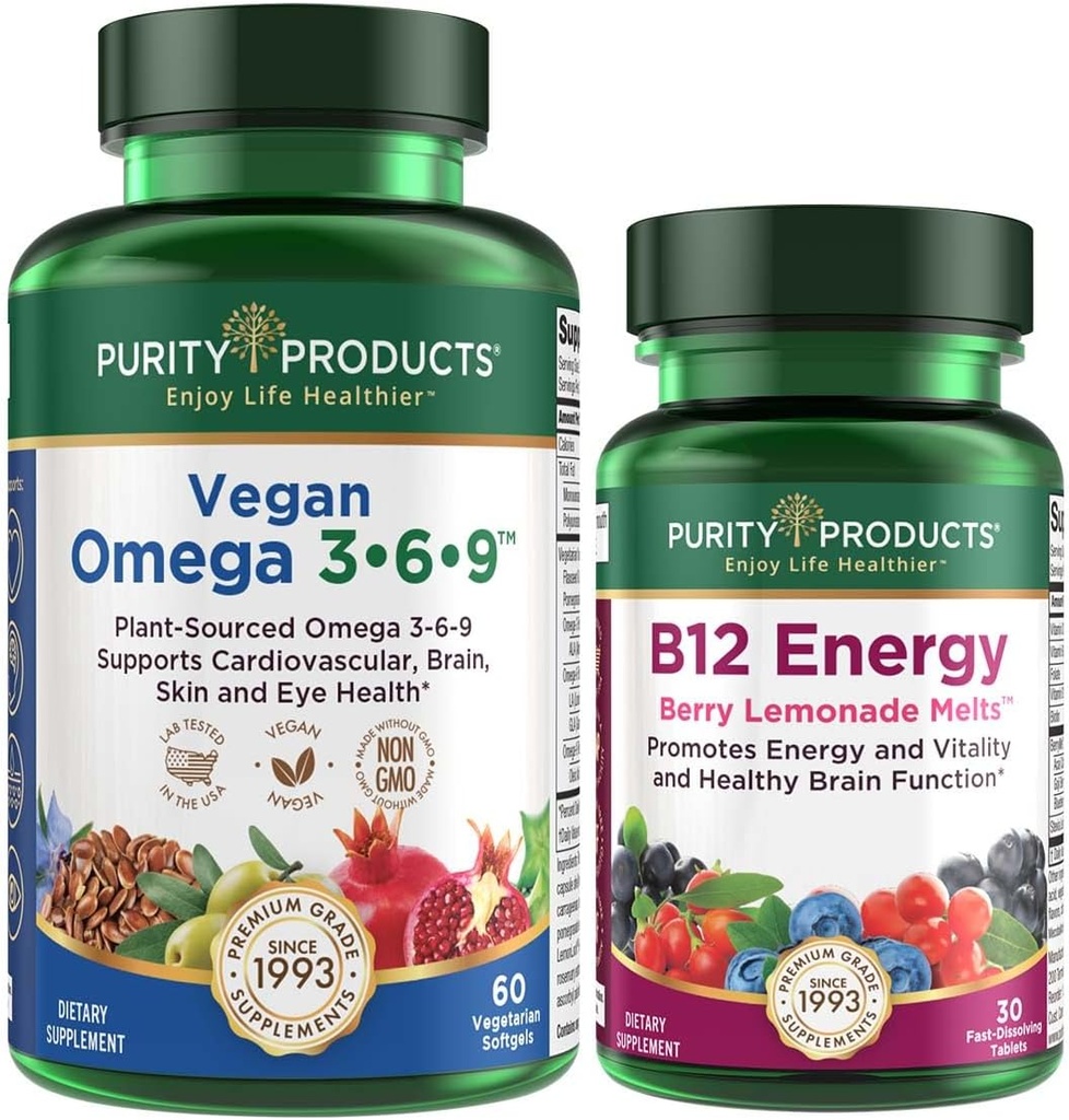 Grynumas Produktai Dundl - Vegan Omega 3-6-9 + B- 12 Energijos Melt Omega 3-6-9 ("5 in 1" Plant-Based Omega 3 6 9 Eterinis riebalų rūgščių kompleksas) - B12 Berry Melt (Metilkobalaminas B12 + B6 + D3 + daugiau)