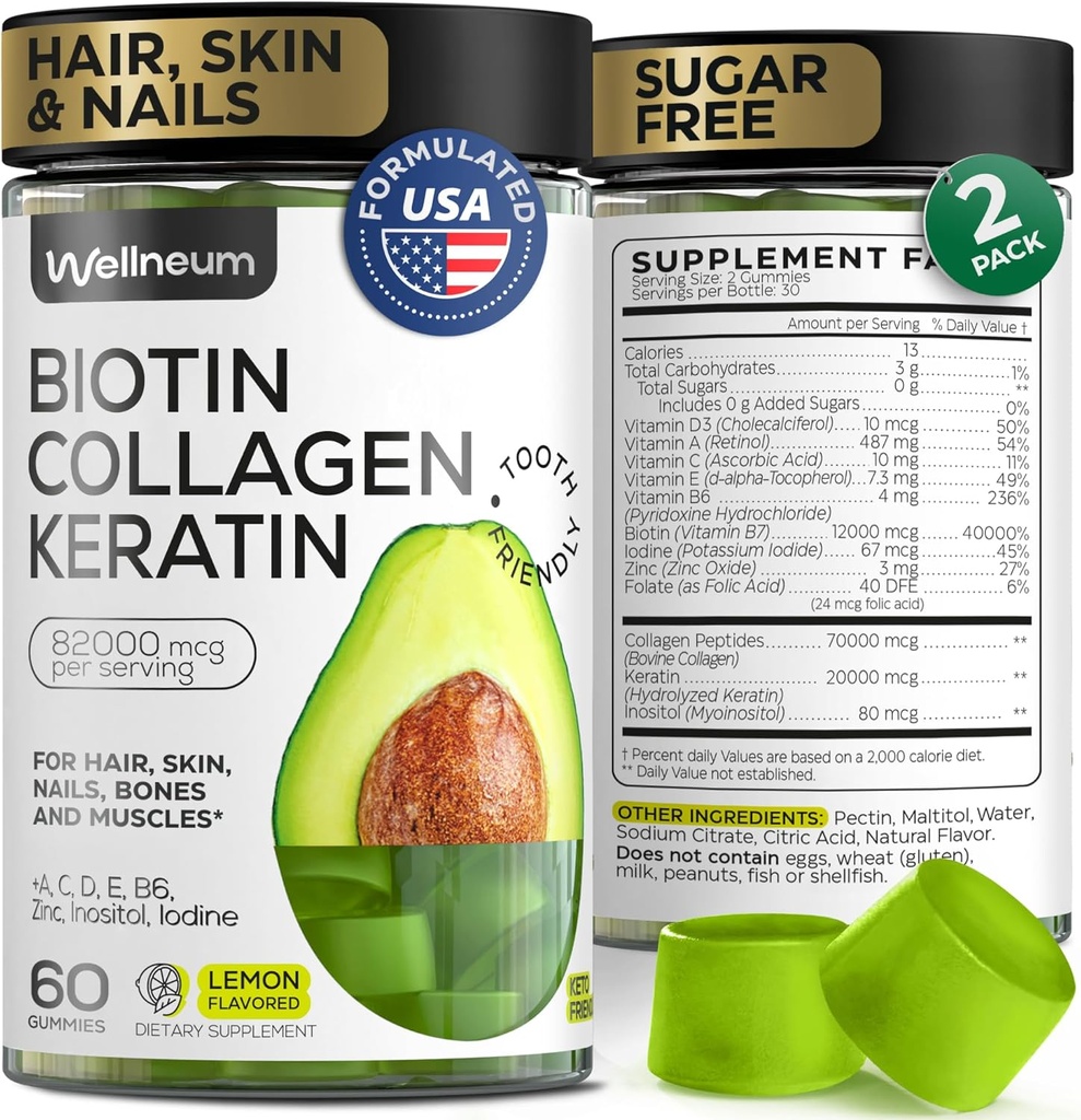 Biotinas ir Collagen Peptide Gummies Plaukų augimo, odos ir nagų 120 Pcs (2 pakuotėje) - 82000 Mcg - Biotin Chewables su Keratino Max Stiprumas - Grožio Gummies moterims ir vyrams - Cukrus nemokamai, ne GMO