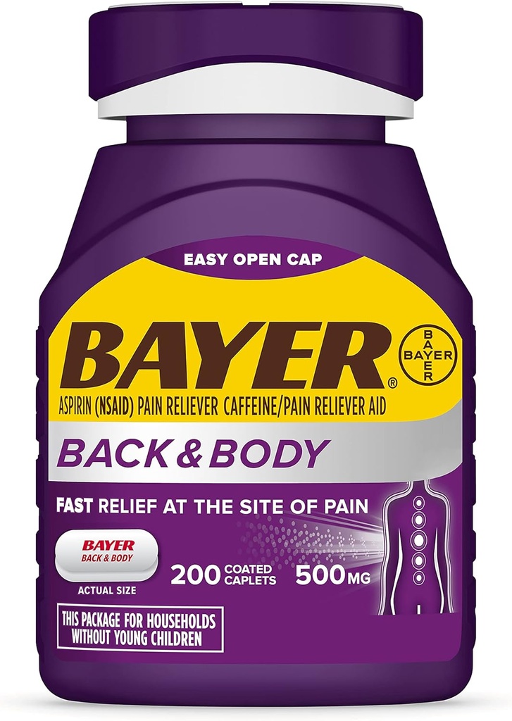 Bayer Extra stiprumo 500 mg Aspirino plius kofeinas Galingam skausmo malšinimui, 200 dengtų kapsulių