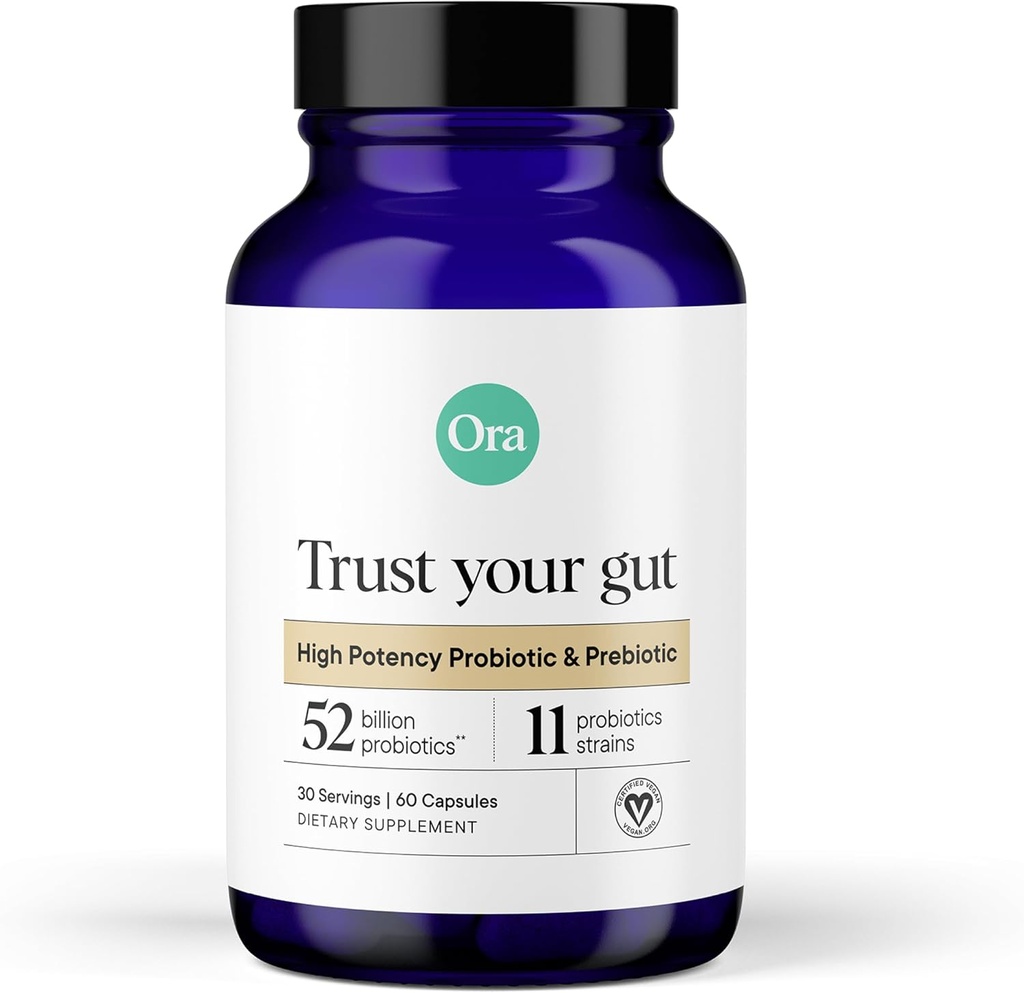 Ora Organic Probiotics with Prebiotics - 52 Billion KSV 11 Kliniškai Studijuotos padermės Digestive Health, Trust Your Gut, Gluten Free, 60 kapsulių