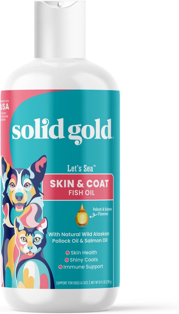 Solid Gold Omega 3 Fish Oil for Dogs & Cats - Wild Alaskan Salmon Oil for Dogs Skin and Coat Support - Omega 3 Dog Supplement Liquid w/Pollock, Fatty Acids, EPA & DHA for Immune Support - 8oz Bottle