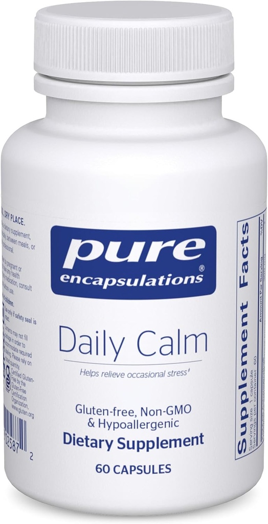 Pure Encapsulations Daily Calm - Vegan Stress & Miego palaikymo papildas - Sudėtyje yra Ashwagandha, Saffron, GABA & L-Theanine - Ne GMO, Soy- Free & Gluten- 60 kapsulės
