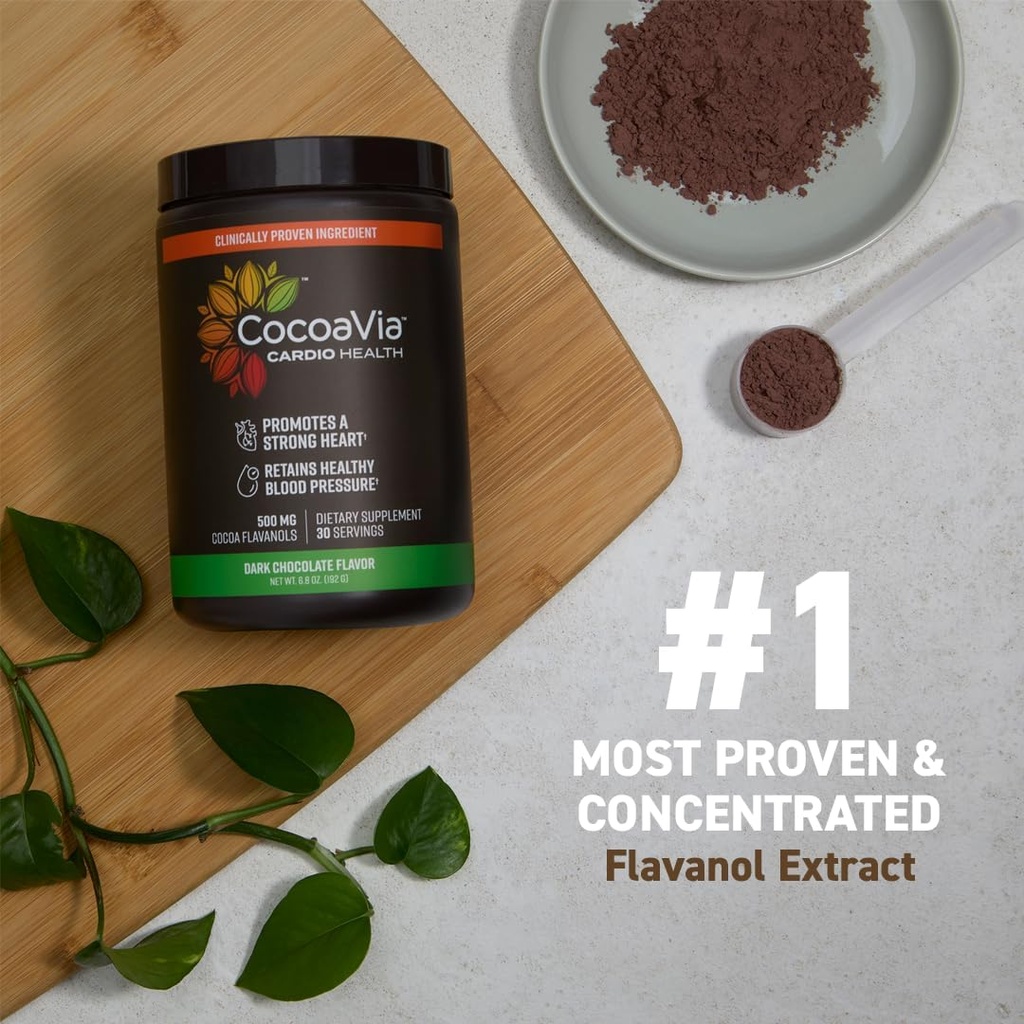 CocoaVia Cardio Health Cocoa Powder, 30 Servings, 500mg Cocoa Flavanols, Support Heart Health, Boost Nitric Oxide, Improve Circulation, Energy, Preworkout, Vegan, Dark Chocolate Cacao