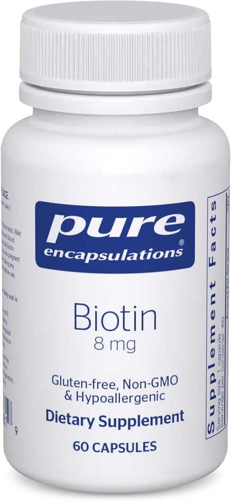 Pure Encapsulations Biotin 8 mg - B Vitaminas priedas prie pagalbos streso, plaukų, odos ir nagų stiprinimas, metabolizmas, angliavandenių palaikymas ir nervų sistema * - su Premium Biotin - 60 kapsulių