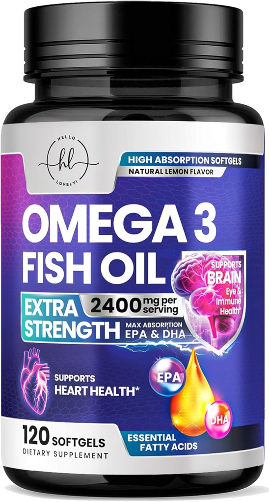 Omega 3 žuvų taukų papildai 2400mg - Trigubas stiprumas Omega 3 riebalų rūgštys, Natūrali širdies sveikata smegenų ir bendra parama - Riebalų rūgštys su EPA & DHA - Laukiniai Caught žuvų taukų priedas - 120 Softgels