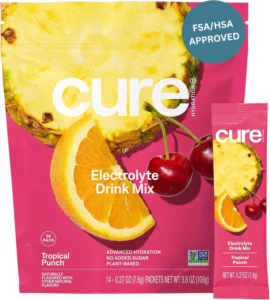 Cure Hydration | Plant-Based Electrolyte Drink Mix | No Added Sugar | FSA-HSA | Dehydration Relief Powder Made with Coconut Water | Non-GMO | Vegan | Pouch of 14 Packets - Tropical Punch