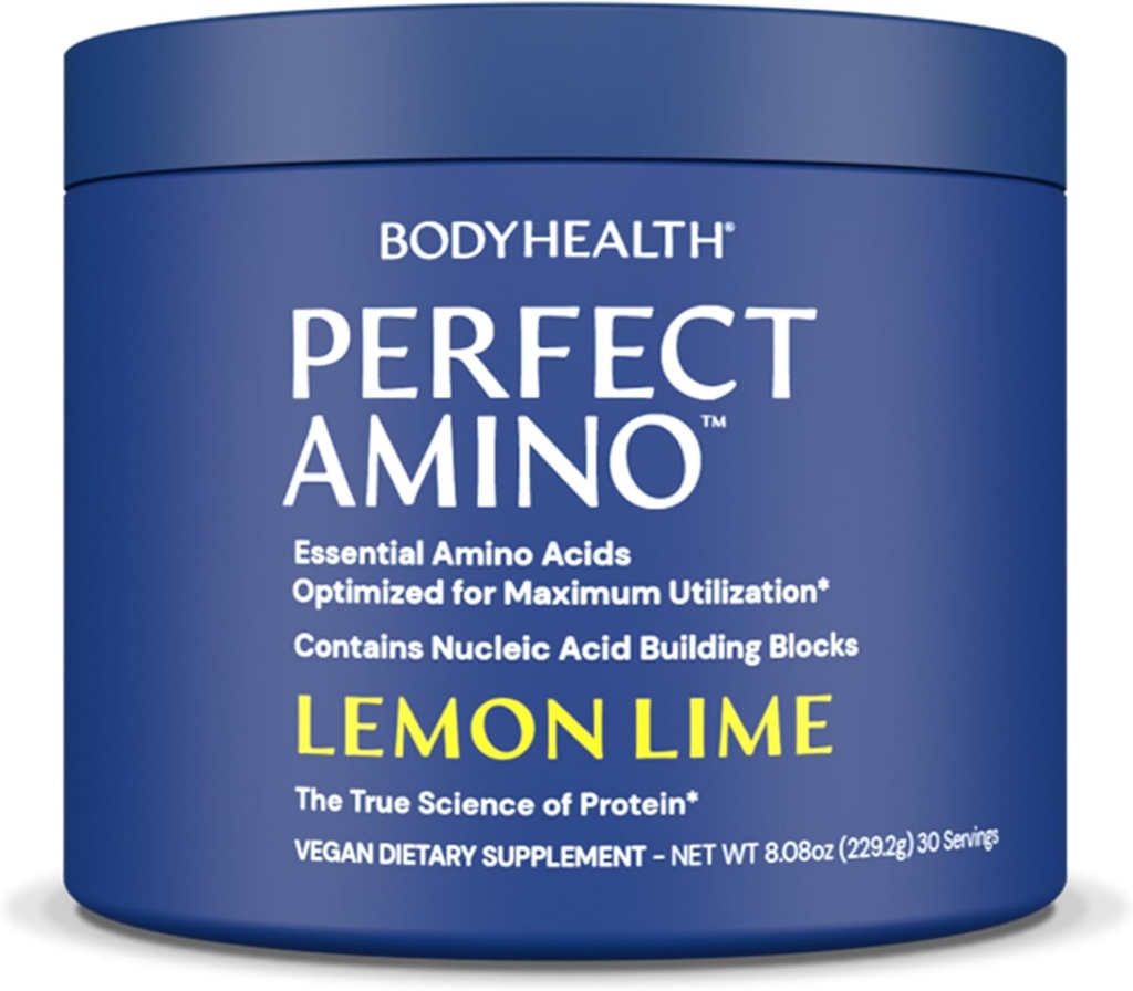 BodyHealth PerfectAmino milteliai - BCAA ir EAA milteliai parengiamiesiems darbams ir po darbo - Amino rūgštis energijos gėrimas vyrams ir moterims remti liesos raumenų ir atkūrimo - Lemon Lime - 30 Paslaugos