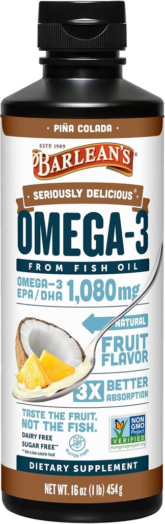 Barlean 's Omega 3 žuvų taukų skystas priedas vyrams ir moterims, Pina Colada, 1080mg EPA ir DHA riebalų rūgštis, 16 oz