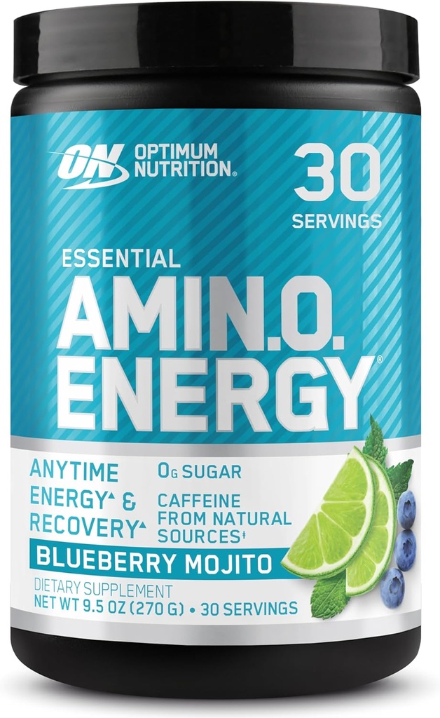 Optimum Nutrition Amino Energy - Pre Worcout su žalia arbata, BCAA, amino rūgštys, Keto Friendly, Žalioji kavos ekstraktas, Energijos milteliai - Blueberry Mojito, 30 Paslaugos (Pakavimo gegužės Vary)