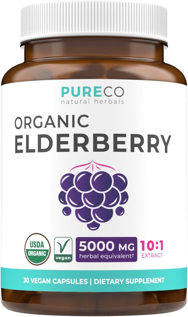 Organic Elderberry Capsules - 10: 1 ekstraktas Equals 5,000mg Fresh Elderberry (Vegan) for Immunamic Support, Alergija, Sinus Relief - Sambucus Nigra - Black Elderberry - 30 Caps (No Pills or Gummies)