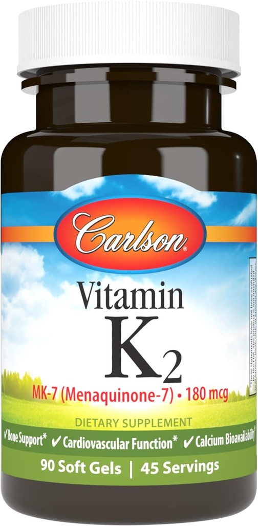 Carlson - Vitaminas K2 MK- 7 (menachinonas), 180 mcg, Kaulų Palaikymas, Kalcio bioprieinamumas, K2 Vitaminas, Vitaminas K-2, 90 Softgels