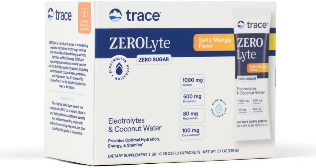 Trace Minerals ZeroLyte - Drink Mix Powder Supports Hydration & Energy - Aids Healthy Nerve & Muscle Function - Support Heart & Digestion Health - Salty Mango, 30 Packets (30 Servings)