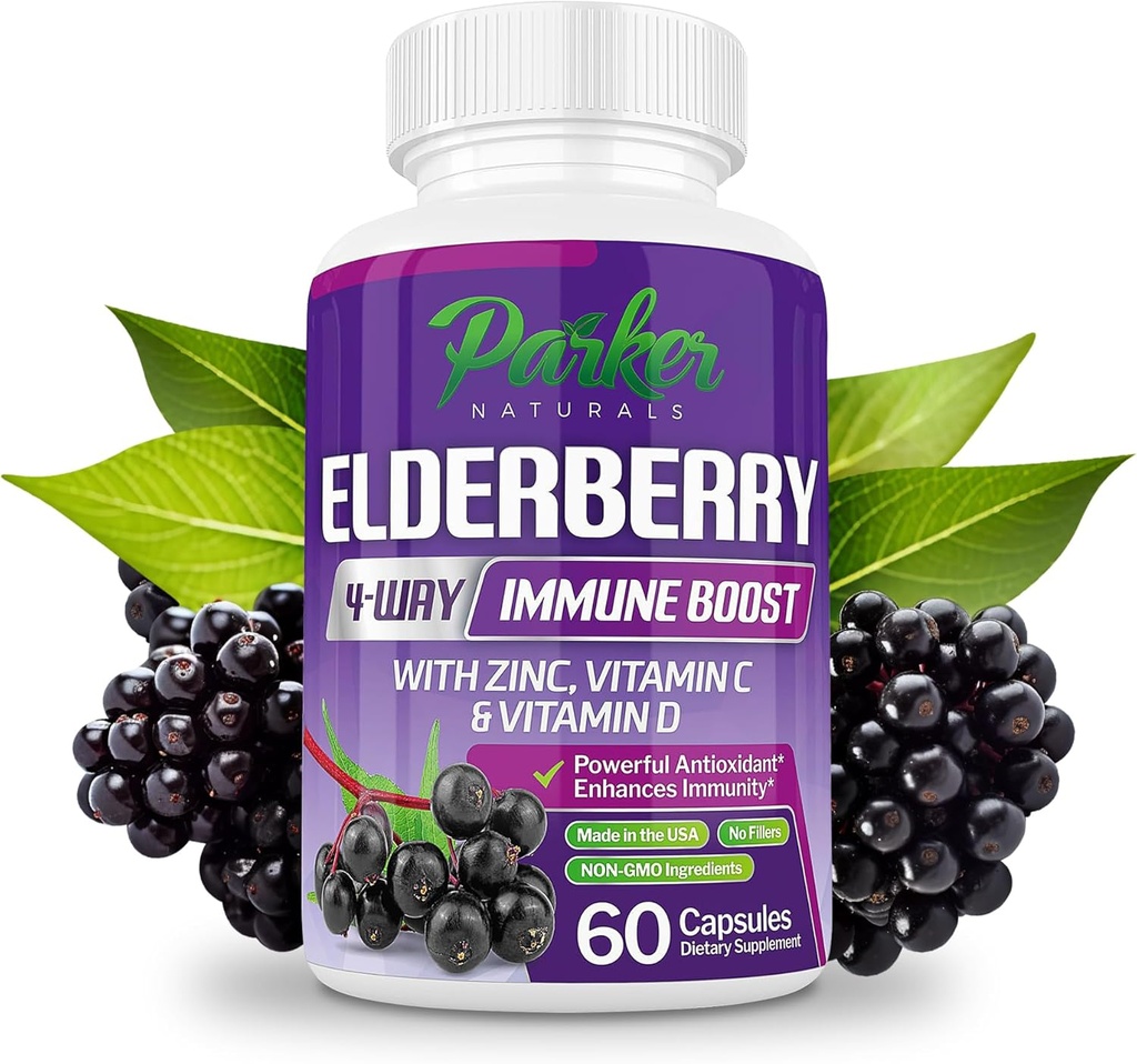Parker Naturals Organic Elderberry Capsules, 4- Way Immune Boost Elderberry, Vitaminai C, D & Cinko Palaikymas, 1260,1 mg Elderberry papildai suaugusiems, 60 kapsulių