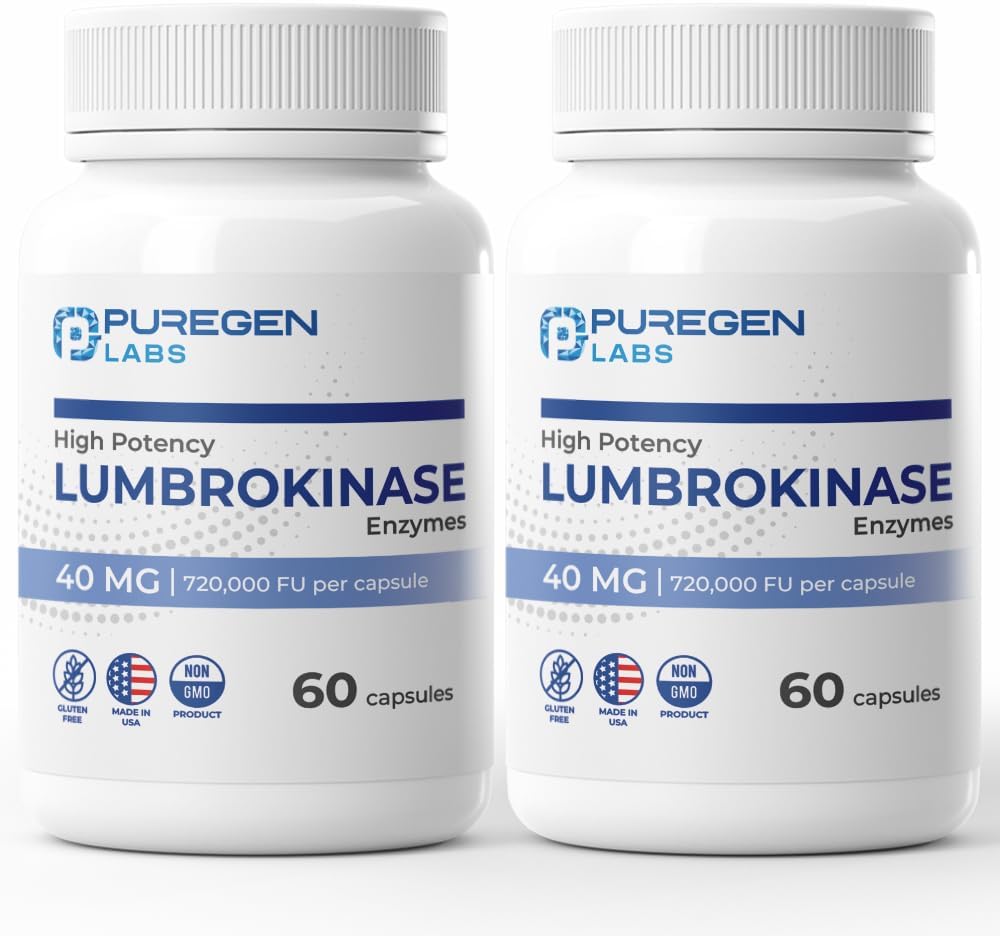 Puregen Labs Lumbrokinase 40 mg vienoje kapsulėje - didelio stiprumo papildas - 124; didelio aktyvumo Lumbrokinase enzimai - 124; nėra žalingų priedų - 124; ne GMO - 124; Gluten Free 124; Pagaminta JAV - Iš viso 120 vegetarinių kapsulių