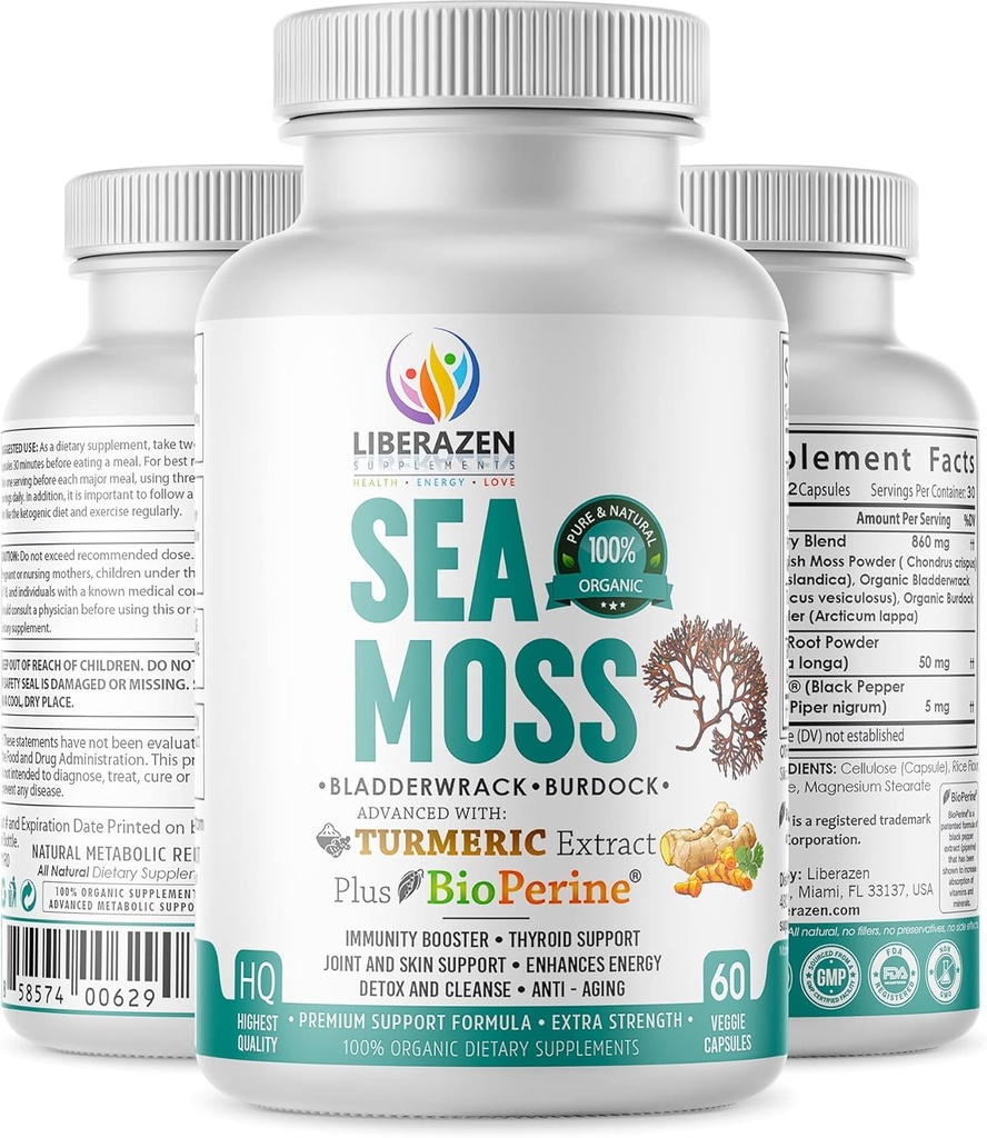 Organic Irish Sea Moss Pills - Wildcrafted Dr Sebi Inspired Seamoss Blend with Turmeric, Burdock root & Bladderwrack, Enhanced with Black Pepper - 60 Capsules