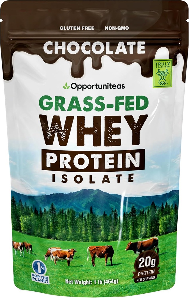 Opportuniteas Grass Fed Chocolate Whey Protein Isolate Powder - 20g Protein Powder Without Artificial Sweeteners, Hormone-Free Happy Cows, Non GMO - 1lb
