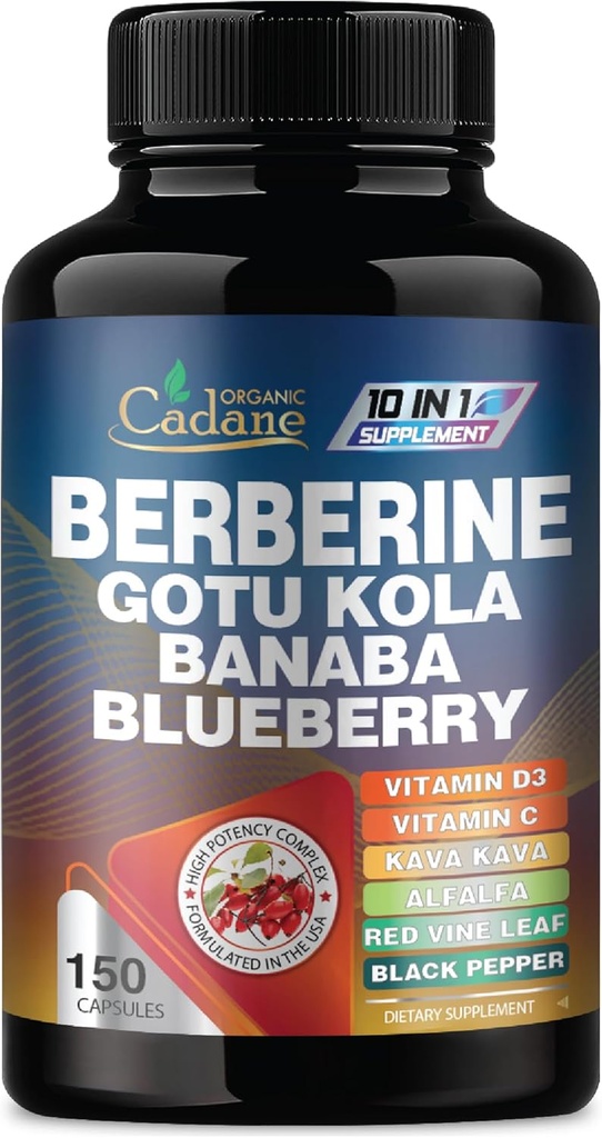 Cadane Premium Berberine ekstraktas - Berberino priedas 10in1 su Gotu Kola, Banaba lapų & Daugiau - 150 kapsulių imunitetui ir virškinimui sistemos palaikymas