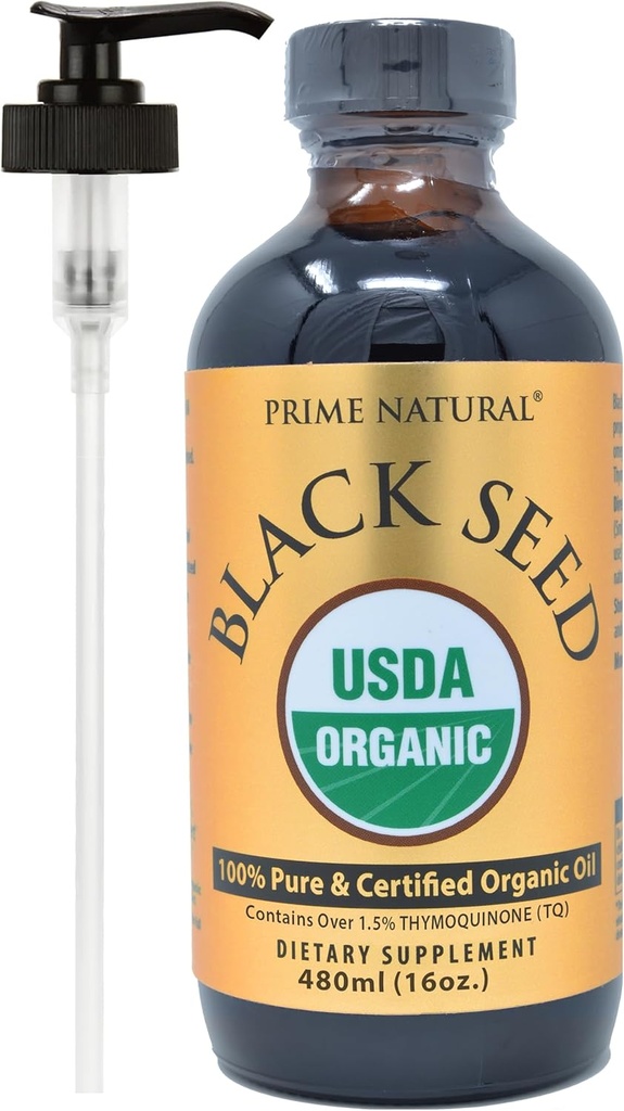 PRIME NATŪRALUS organinis juodasis sėklų aliejus 16oz - Šaltojo spaudimo nerafinuotas aukštos Thymoquinone 1,7% USDA Sertifikuotas - Turkijos kilmė Potent Nigella Sativa Liquid - Vegan Omega 3 6 9, Antioksidantas