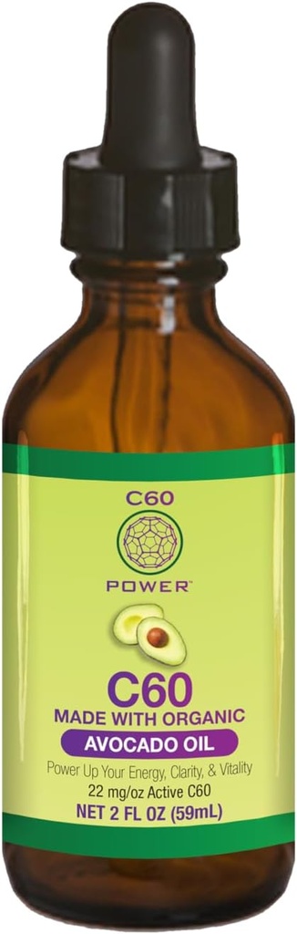 C60 Power C60 in Organic Avocado Oil - Natural Wellness Support for Men & Women, 99.99% Pure Carbon Fullerenes, Promotes Energy, Mental Clarity, & Stamina - 2 fl oz Bottle