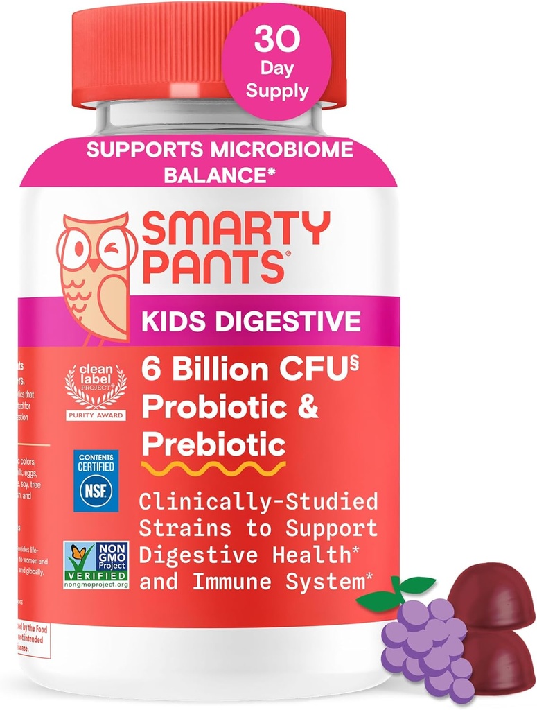 SmartyPants Kids Probiotic & Prebiotic Gummies for Digestive Health: Gut Health Supplement, Clinically Studied Prebiotic for Immune Support, Grape, 60 Count (30 Day Supply)