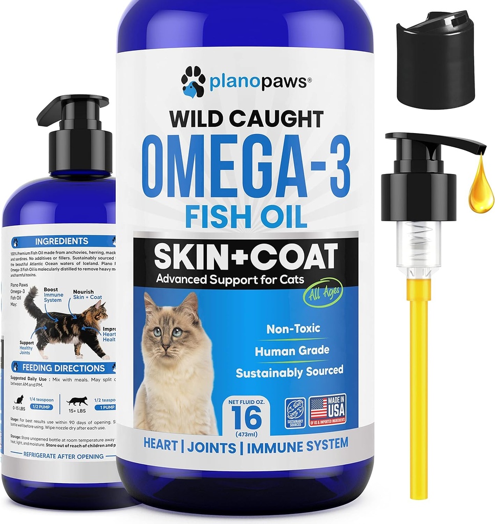 Omega 3 žuvų taukai katėms - Geriau nei lašišos aliejus katėms - Kitten + Cat Vitaminai ir papildai - Cat Health Supplies - Cat Danduff Apdorojimas - Skystas žuvų aliejus gyvūnams - Cat Shedding Products