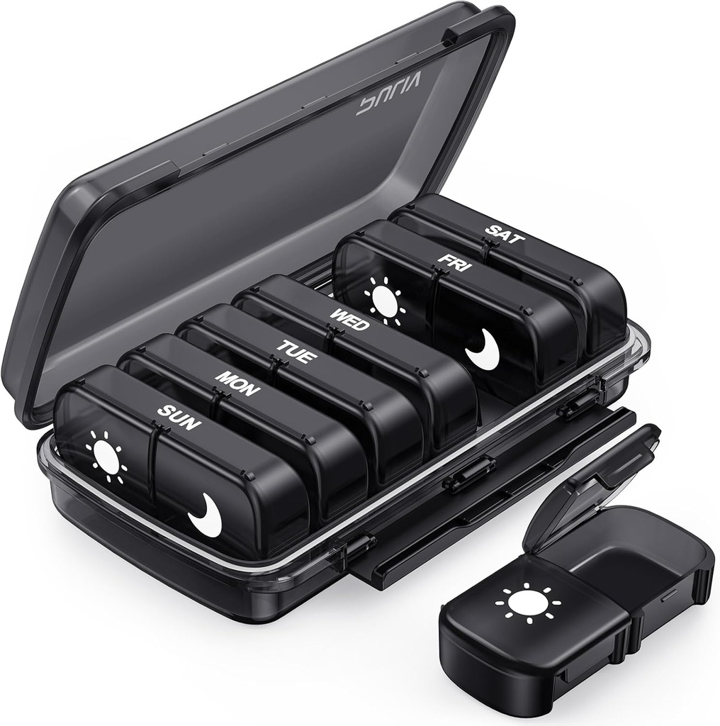 PULIV Savaitės pilys Organizatorius 7 Diena 2 Times per dieną, Juoda Damp- Įrodymas AM PM pilka Dėžutė 7 Diena, Pilvo dėklas su nešiojamo dizaino, Didelės medicinos organizatorius vitaminai, Vaistai, Žuvies aliejai, papildai